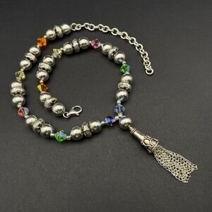 Vtg Sterling Navajo Pearl Style Tassel‎ Y Necklace Rainbow Crystal Beaded Chain